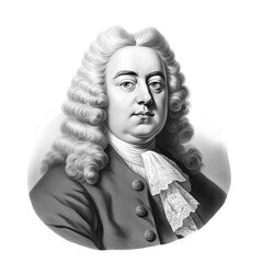 Black and white vintage engraving, close-up headshot portrait of George Frideric Handel, the famous historical German-British Baroque composer, white background, greyscale