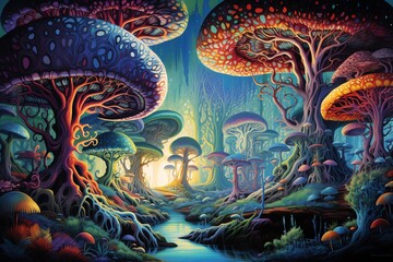 Immerse in a surrealistic twist with a frontal view of a mystical forest, where trees bend to touch the sky, and creatures of imagination roam freely Unexpected camera angles add intrigue Traditional