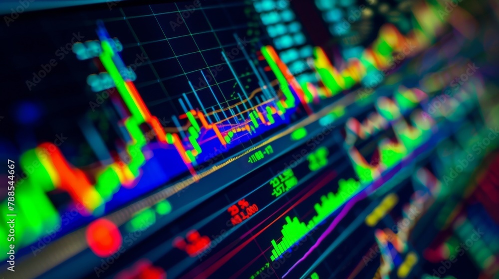 Leinwandbilder A close-up of a computer screen displaying real-time stock market data and charts, highlighting the volatility and dynamics of financial markets.