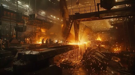 A cinematic shot of workers in a steel mill, with molten metal pouring from crucibles into molds as sparks fly in a mesmerizing display of industrial activity.