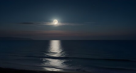 Fototapeta na wymiar Admirable vista of the ocean. Full moon over a colorful blue sky at night above a coastline