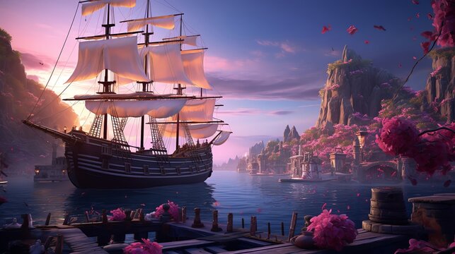 Explore the enchanting world of maritime adventures through the eyes of wanderers in a digital rendering with CG 3D rendering techniques and vibrant, surreal lighting