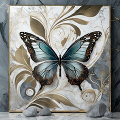 Floral Elegance: Panel Wall Art with Marble Background and Butterfly Silhouette, butterfly - obrazy, fototapety, plakaty