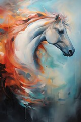 Capture the side view of majestic mythical creatures in a mesmerizing abstract art style, infused with dynamic movements and unexpected camera angles in a traditional oil painting medium