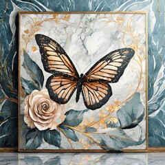 Floral Elegance: Panel Wall Art with Marble Background and Butterfly Silhouette, butterfly - obrazy, fototapety, plakaty