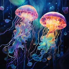 Capture the luminous iridescence of bioluminescent sea creatures in intricate detail using watercolor Illuminate their forms against the deep, dark waters for a surrealistic touch - obrazy, fototapety, plakaty