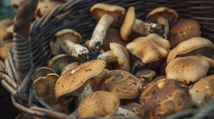 A close-up of freshly harvested wild mushrooms in a rustic woven basket, showcasing their earthy textures and rich, savory aroma.