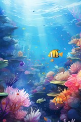 Fototapeta na wymiar Capture the essence of an underwater paradise through a traditional art medium like watercolor, blending animation styles seamlessly with a unique twist on sea creatures and flora