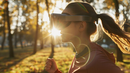 Young person in sportswear and virtual reality headset training and running outdoor in park.