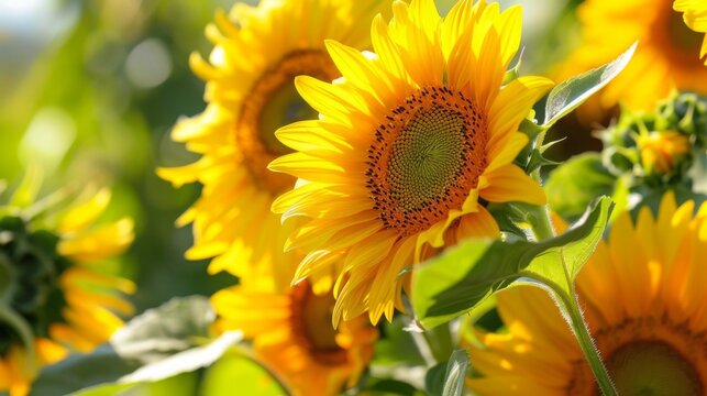 A close-up of vibrant sunflowers basking in golden sunlight, their cheerful blooms radiating warmth and joy on a sunny day.
