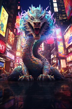 Capture a majestic dragon seamlessly integrated with holographic displays in a futuristic cityscape using CG 3D rendering and pixel art