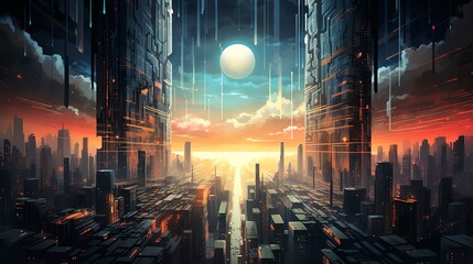 Bring the future to life with a birds-eye view of a surreal cityscape merging advanced technology and dreamlike elements in pixel art style