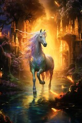 Bring to life a mystical realm teeming with creatures of fantasy in breathtaking detail Picture a centaur galloping through an enchanted glade, mermaids swimming in iridescent waters, and phoenixes so - obrazy, fototapety, plakaty
