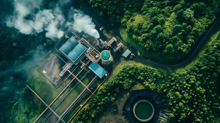 An aerial view of a geothermal power station demonstrating the integration of green technology within a natural setting. , natural light, soft shadows, with copy space