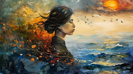 Oil Painting of landscape rivers lakes and mountains people   