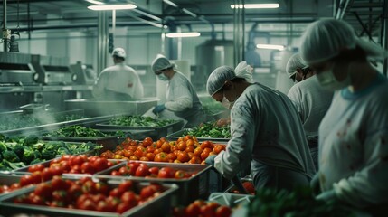 A cinematic shot of workers in a food processing plant, with fresh produce being sorted, washed, and packaged for distribution.