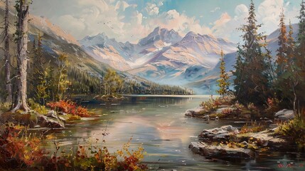 Oil Painting of landscape rivers lakes and mountains people   
