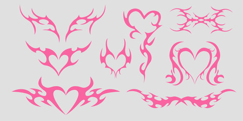 Neo tribal pink heart y2k aesthetic tattoo gothic cover, fire or wings abstract silhouette isolated on background. Divider, border, cyber body ornament, neotribal web goth decoration