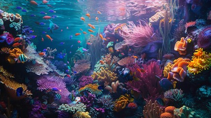 A colorful coral reef teeming with life, showcasing a diverse ecosystem of fish, corals, and other marine creatures in vibrant underwater hues.