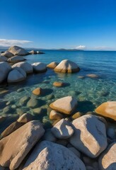 Fototapeta na wymiar Clear shallow waters with large rocks on the shore leading into a blue sea under a blue sky with scattered clouds