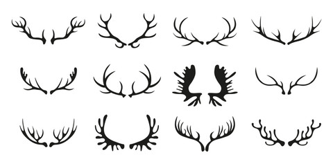 Black silhouettes of different deer horns on white. Deer antlers. Collection of vector elements on the theme of of hunting, tourism and environment. - obrazy, fototapety, plakaty