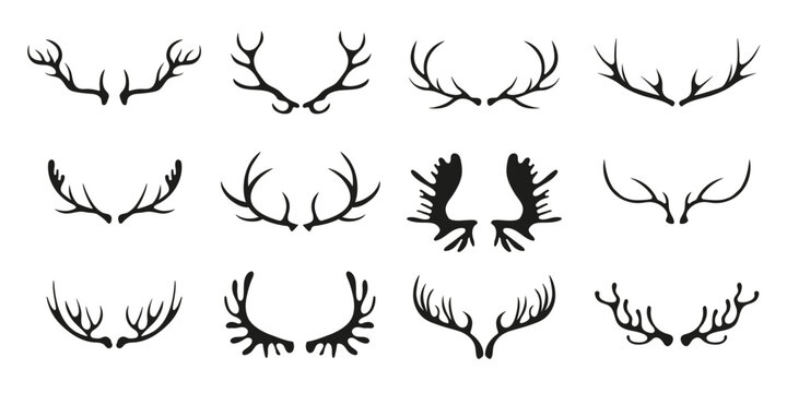 Black silhouettes of different deer horns on white. Deer antlers. Collection of vector elements on the theme of of hunting, tourism and environment.