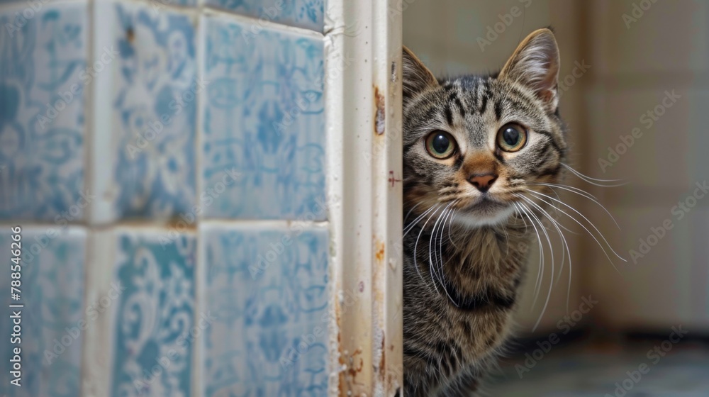 Poster a curious cat peeking out from behind a bathroom door, its whiskers twitching with intrigue as it ex