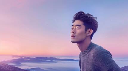 Serene Dusk Portrait of a Young Man Overlooking Scenic Landscape