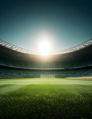 Empty soccer stadium with green grass under a bright sun with clear skies