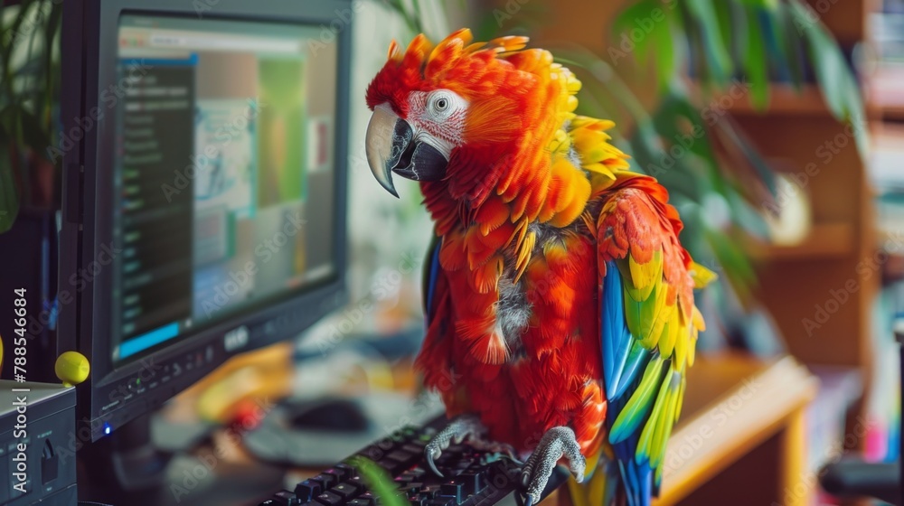 Poster A curious parrot perched on a computer monitor, peering at the screen with colorful feathers ruffled in fascination.