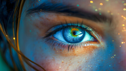 Close-up of a beautiful woman's blue eye with sparkles