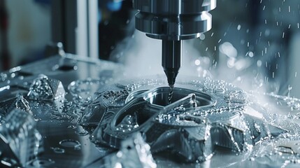 A close-up of precision machining in an aerospace manufacturing facility, with intricate components being milled and machined.