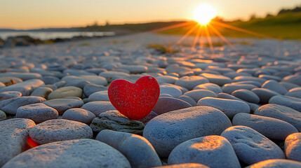 Red heart on a pebble beach at sunset. Romantic background