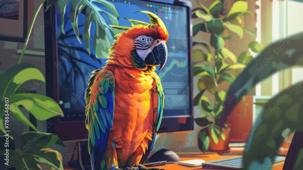 Poster A curious parrot perched on a computer monitor, peering at the screen with colorful feathers ruffled in fascination.