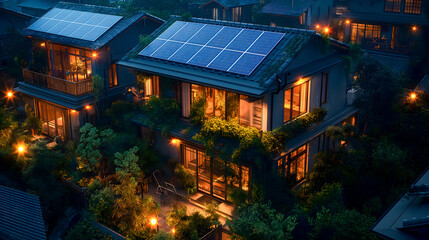 Photovoltaic panels on the roof of a modern house in the evening