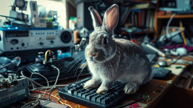 A curious rabbit hopping onto a desk cluttered with computer peripherals, its whiskers twitching with excitement at the digital playground.