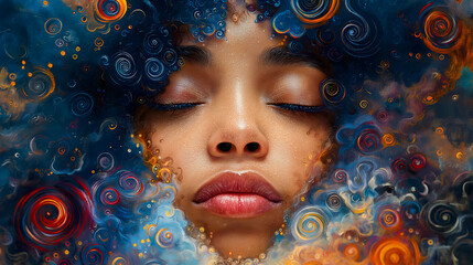 Close up portrait of beautiful young african american woman with closed eyes.