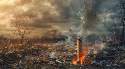 Tuinposter A dramatic image of a cigarette igniting a wildfire in a dry forest, illustrating the environmental devastation and dangers of careless smoking behavior. © Plaifah