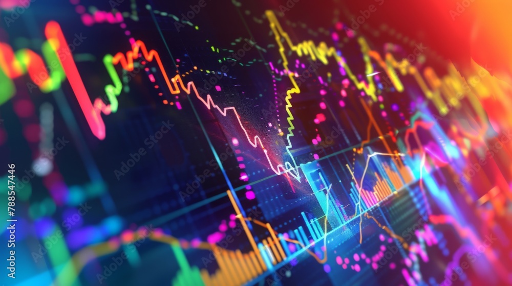 Aufkleber a dynamic stock market graph showing fluctuations in share prices, with colorful lines and bars repr