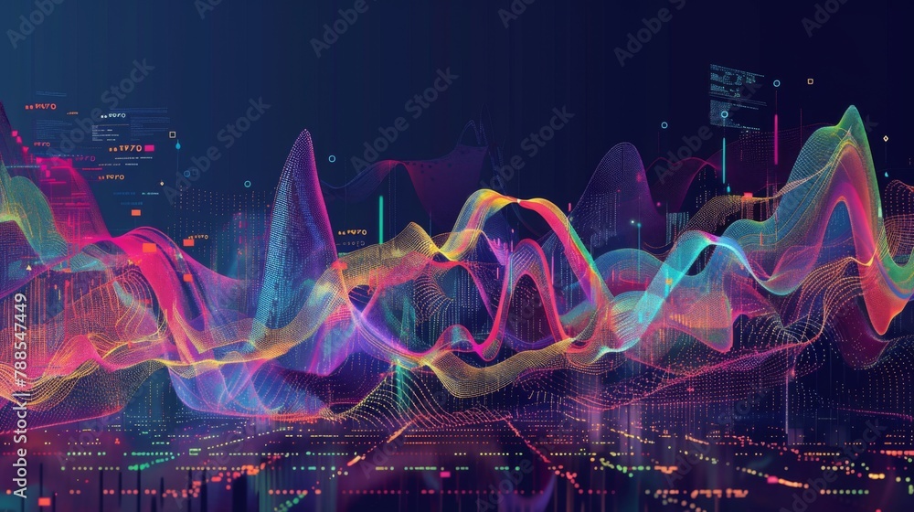 Leinwandbilder a dynamic stock market graph showing fluctuations in share prices, with colorful lines and bars repr