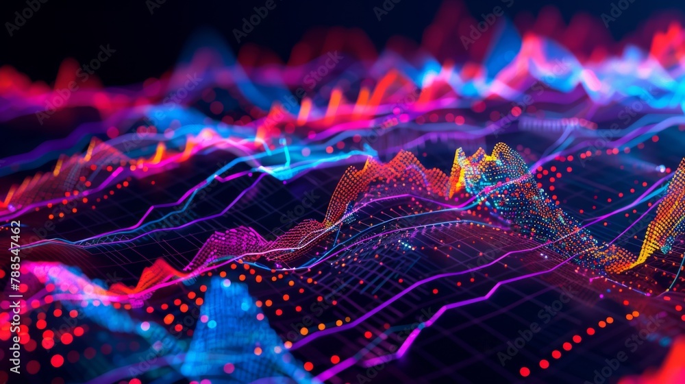 Leinwandbilder A dynamic stock market graph showing fluctuations in share prices, with colorful lines and bars representing trading activity and trends.