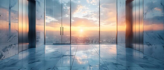 Sunset View from a Marble-Clad Sky-High Elevator. Concept Sunset Photography, Architecture, Skylines, Elevators, Aesthetic Views