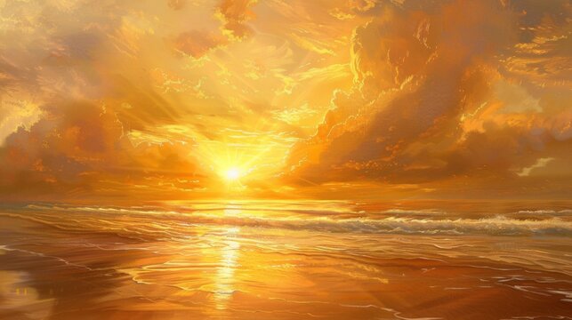 A golden sunset casting warm hues across a tranquil beach, painting the sky with shades of orange and gold, creating a breathtaking natural spectacle.