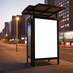 Empty bus stop advertisement billboard at twilight with buildings in the background