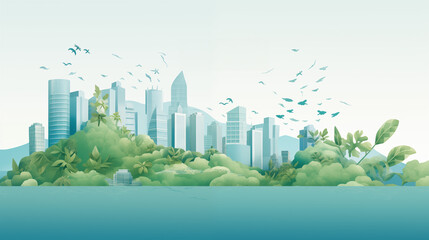 Immeuble et gratte-ciel à l'horizon avec de la nature en premier plan. Ville et campagne. Plante, arbre, végétation. Skyline. Pour conception et création graphique. 