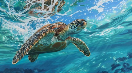 A graceful sea turtle gliding effortlessly through crystal-clear waters, its ancient silhouette embodying the timeless beauty of ocean life.