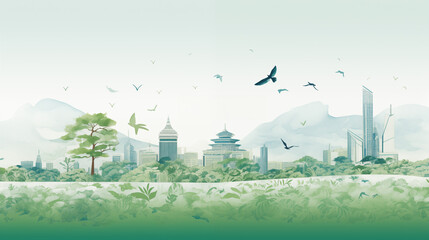 Immeuble et gratte-ciel &agrave; l'horizon avec de la nature en premier plan. Ville et campagne. Plante, arbre, v&eacute;g&eacute;tation. Skyline. Pour conception et cr&eacute;ation graphique. 