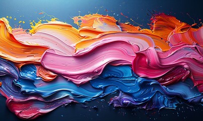Abstract wave paint strokes background. Oil yellow and red acrylic water brush with futuristic purple splashes and watercolor curves for colorful design