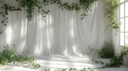 Elegant photo booth with opulent satin drapery on white wall. AI generate illustration