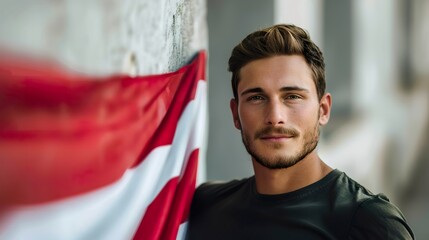A portrait of a handsome Austrian man highlighted by the vibrant colors of the Austrian flag. Naturally beautiful Austrian man with a feeling of national pride. - obrazy, fototapety, plakaty